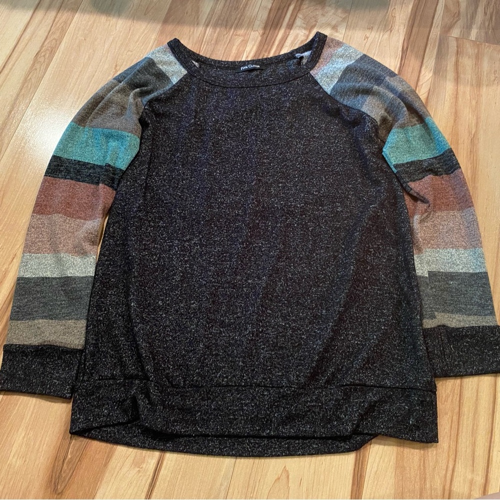 Pink Clover long sleeve top with Multicolor Stripe Sleeves—M